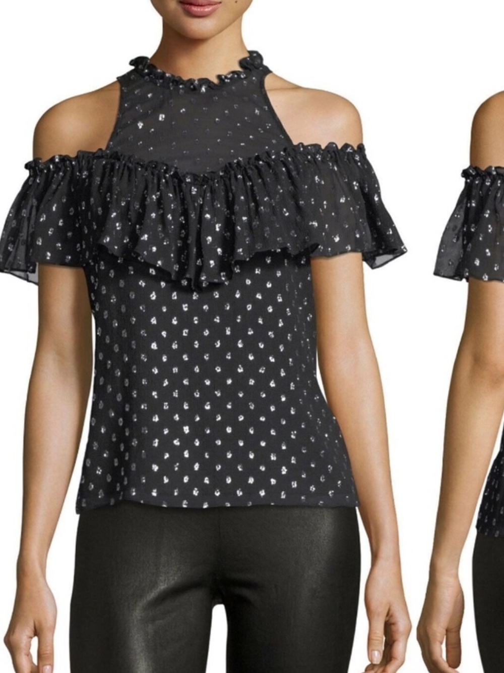 Rebecca Taylor Silk Chiffon Black Silver Polka Dot Cold Shoulder Blouse Size 2